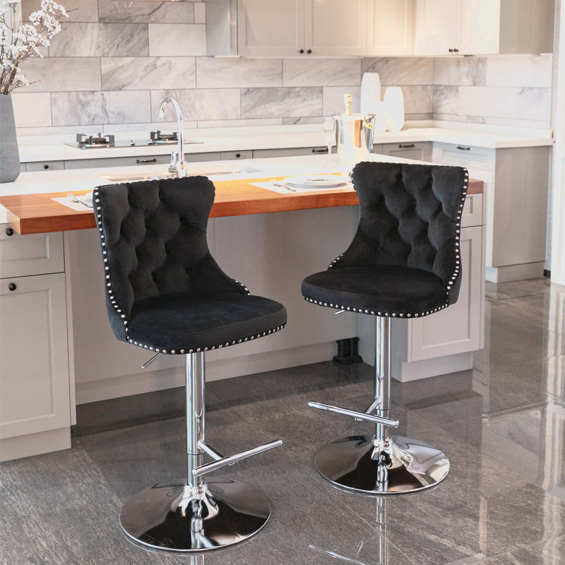 Tabourets de bar pivotants en velours, 2, Argent argent, Noir, noir, noir, noir