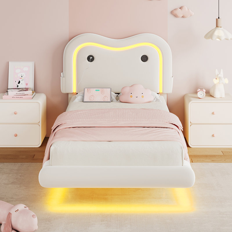Velvet Upholstered Floating Bed with Music-Sync LED Lights & Charging Station, Twin, White