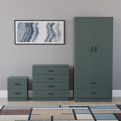 Maybery 3 Piece Bedroom Set (2 Drawer Bedside Chest, 4 Drawer Chest, 2 Door 2 Drawer Wardrobe), (4)