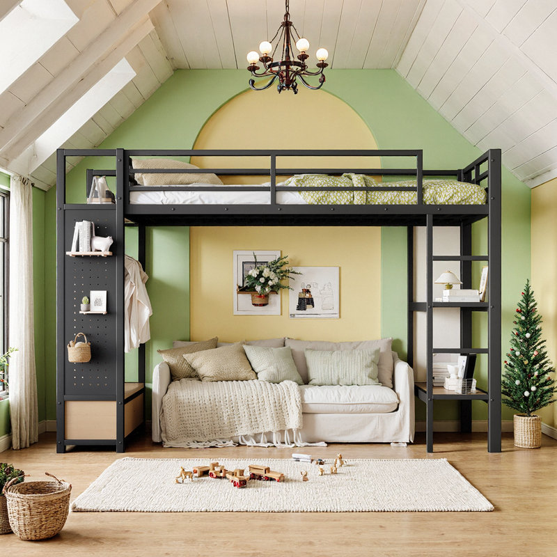 Lit mezzanine simple en métal UnaNidus avec garde-robe, tablettes de rangement et panneau perforé pour économiser de l'espace