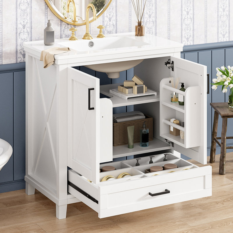 Meuble-lavabo de 30 pouces avec lavabo simple, structure en bois massif et panneau de fibres à densité moyenne, 2 portes à fermeture en douceur, 1 tiroir divisé, 2 tablettes de rangement, un grand espace de rangement, idéal pour les petites et moyenn