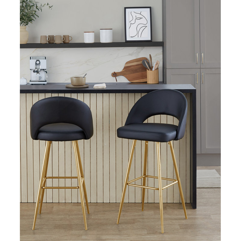Tabouret de bar à hauteur fixe en métal doré et similicuir noir avec repose-pieds carré - ensemble de 2