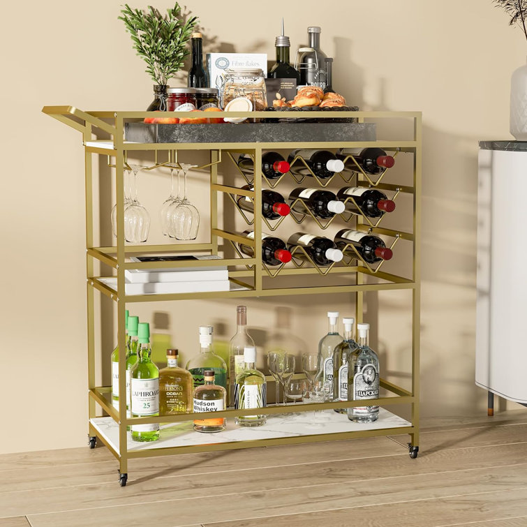 Mirvjena 3-Tier Metal Bar Cart with Wine Rack and Glass Storage