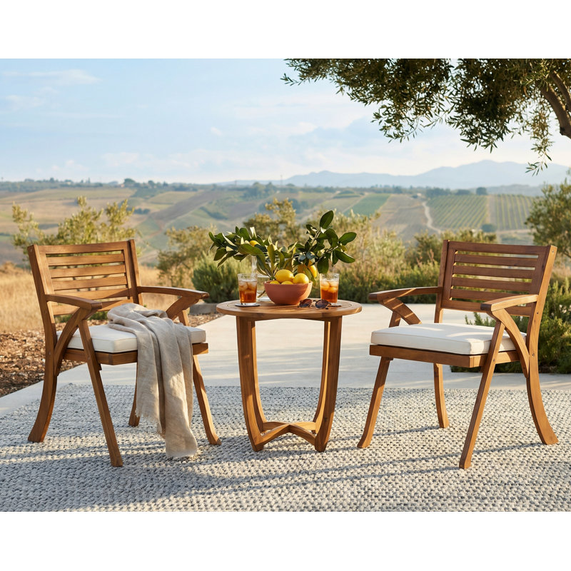 Solid Acacia Wood 3-Piece Outdoor Patio Bistro Dining Set, Teak Frame/Cream Cushion