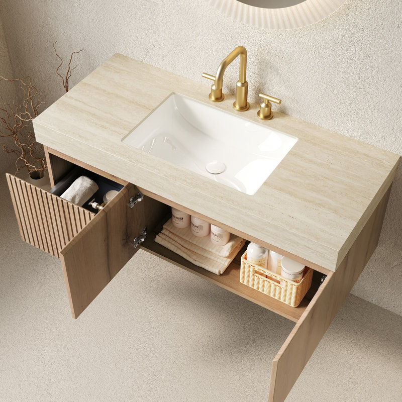 Meuble-lavabo 48 po avec comptoir en pierre frittée, lavabo en céramique, 3 trous de robinet pré-percés, quincaillerie à fermeture en douceur, plateau en chêne blanc, tiroir, portes, eau, tiroirs, résistance