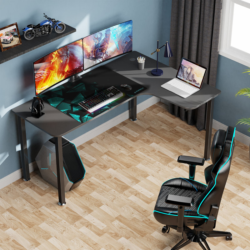 L-Shaped Metal Base Computer Desk, Left Hand Return, Black