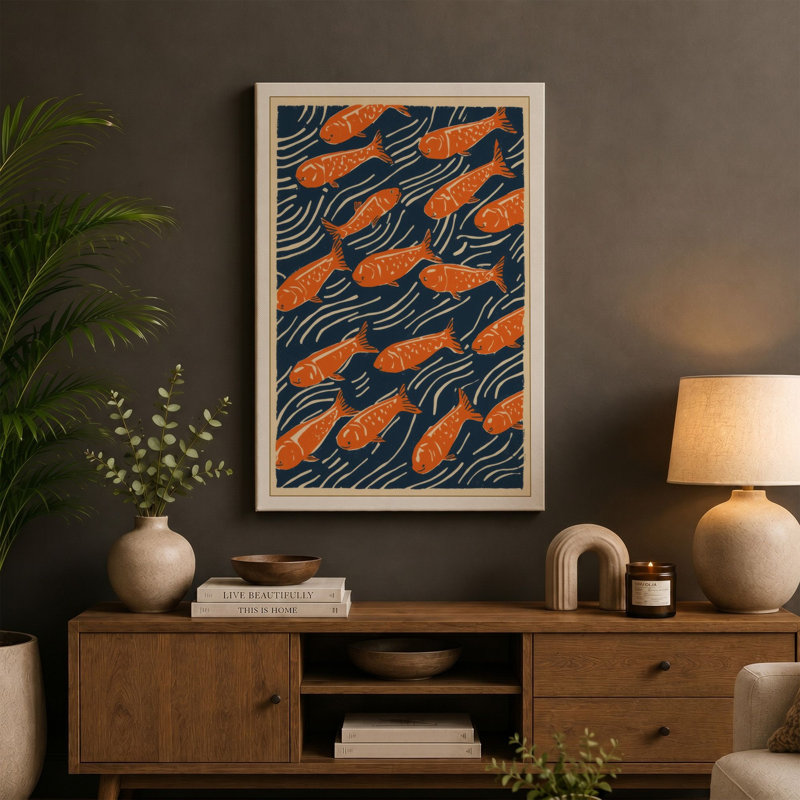 Swimming Fish Pattern Coastal - Wrapped Canvas, 18x12 - 45.7 x 30.5 cm, Black Border