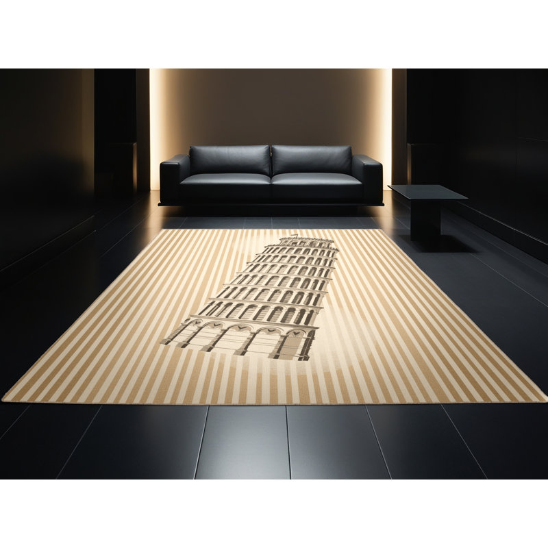 Soft Plush Fairborn Pisa Leaning Tower Classic Striped Area Rug in Beige – Beige Binding, 4x6