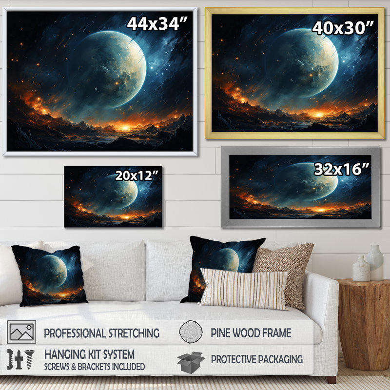" Teal Orange Orbital Planetary ", Black Picture Framed, 16" H x 32" W x 1" D