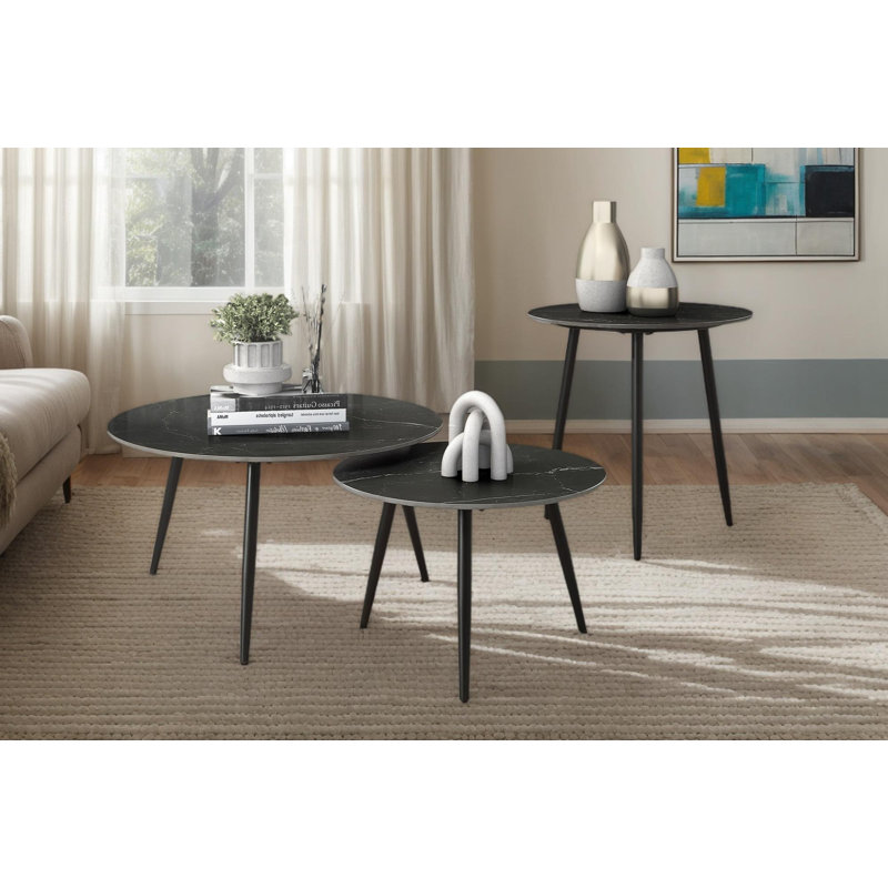 Black Sintered Stone and Metal 3-Piece Nesting Table Set