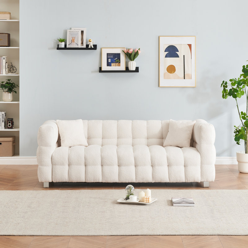 80-Inch Teddy Bear Wool Sofa, Suitable For Living Room Or Bedroom, Including Two Throw Pillows And Metal Legs For Support