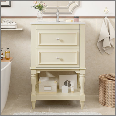 Meuble-lavabo de 20 po avec lavabo en céramique, armoire de rangement avec tablette ouverte, armoire de salle de bain rétro avec 2 tiroirs