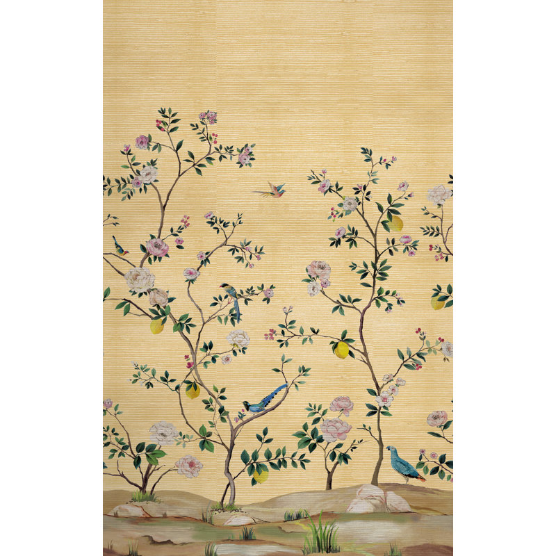 Argie Floral Grass Cloth Wallpaper, Gold Metallic