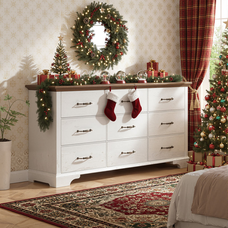 63" W Farmhouse 9 Drawers Dressers For Bedroom, White/Brown