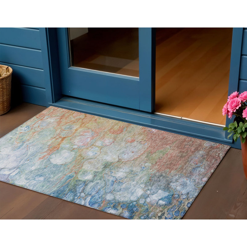3' X 5' Copper Blue And Artichoke Green Abstract Washable Indoor Outdoor Area Rug