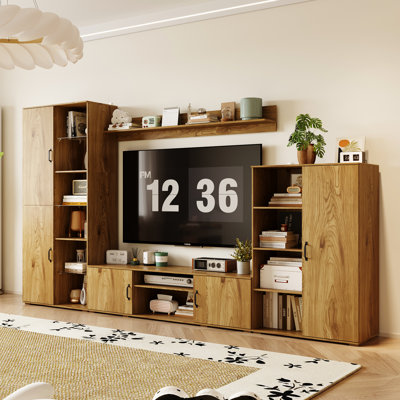 Modern 4-Piece Entertainment Center With Left & Right Tall Cabinets, Overhead Shelf, And 63'' TV Stand, Wood Finish