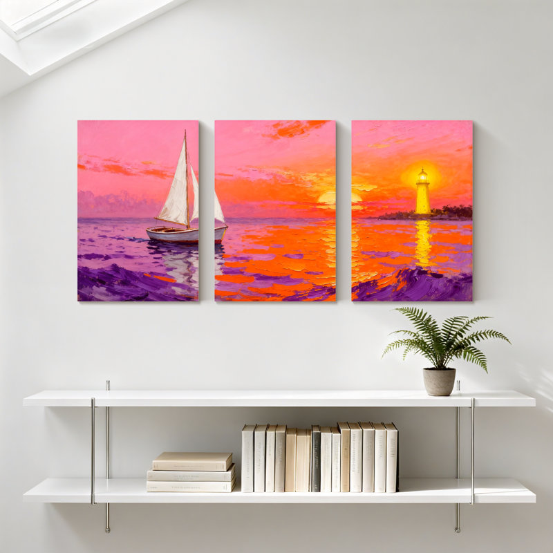 Nautique voilier coucher de soleil phare océan vagues ciel couleurs ensemble de 3 impressions d'art sur toile