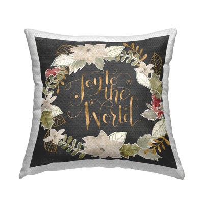 Joy To The World Chic Christmas Holly Wreath Outdoor Printed Pillow by Grace Popp