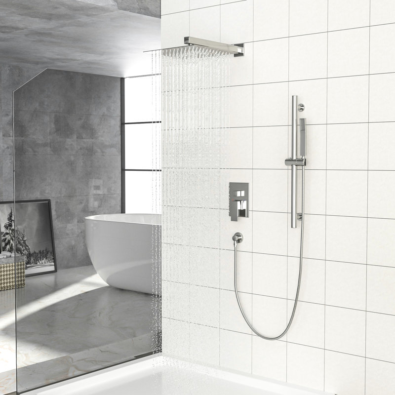 12 Inch Square Shower In Brushed Nickel - Adjustable Slide Bar, -Balanced Valve & Handheld Piece With Head Contents