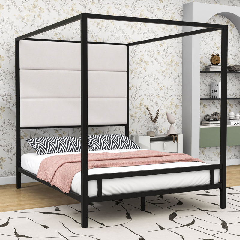  Metal Canopy Bed with Upholstered Headboard, Queen, Black