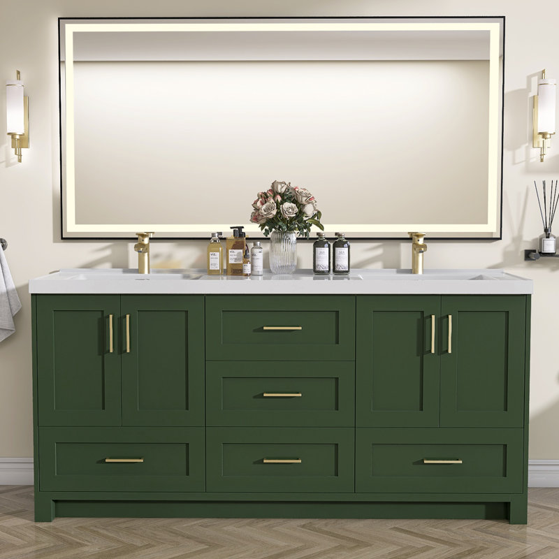 Armoire de salle de bain autoportante 72 po x 36 po en bois massif avec tiroir en queue d'aronde et porte à fermeture en douceur (assemblé)