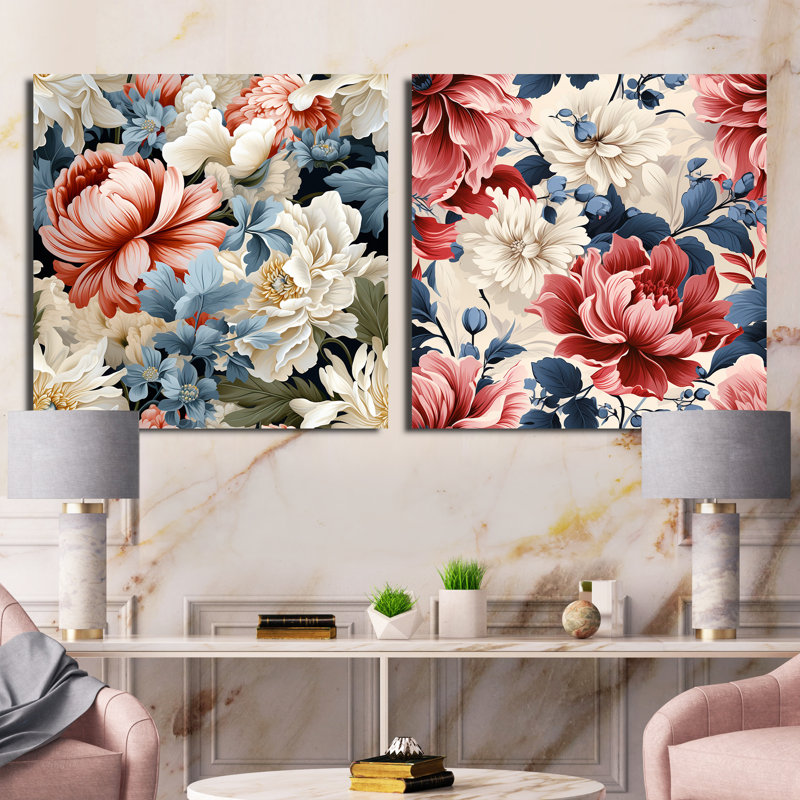 Pothier - Ensemble de 2 collages carrés floraux, Toile tendue, H 16 po x l 33 po
