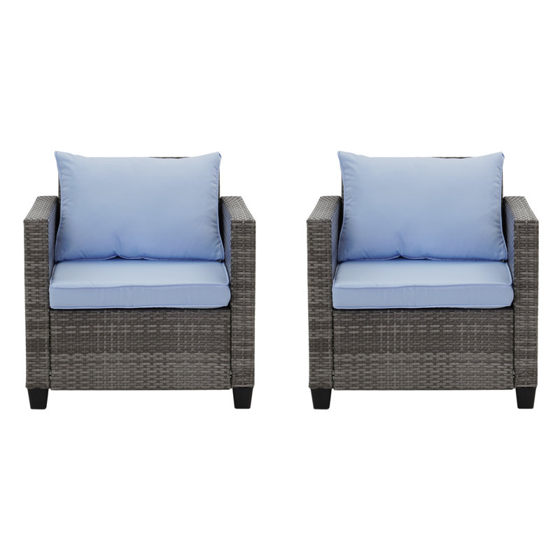 30'' Wide Wicker Patio Chair Set with Cushions, Blue Cushion