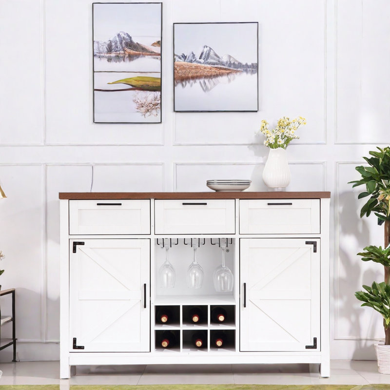 Coffee Wine Bar Cabinet With Sliding Barn Door&Wine Glass Rack