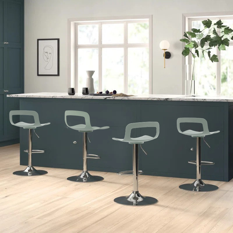 Vahig Swivel PP Adjustable Height Barstool with Metal Frame, Set of 4, Green Seat / Silver Frame