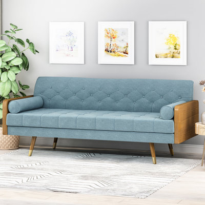 Mid Century Modern , Blue Upholstery, 74.2"W X 30.5"D 32.36"H, Chic With Bolster Pillows And Legs Living Room In Blue, 32.36"H 30.5"D, Elegant Fabric
