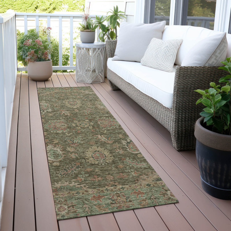 Machine Washable Indoor/Outdoor Xhevrie Olive Rug, Runner 2'3" x 7'6"