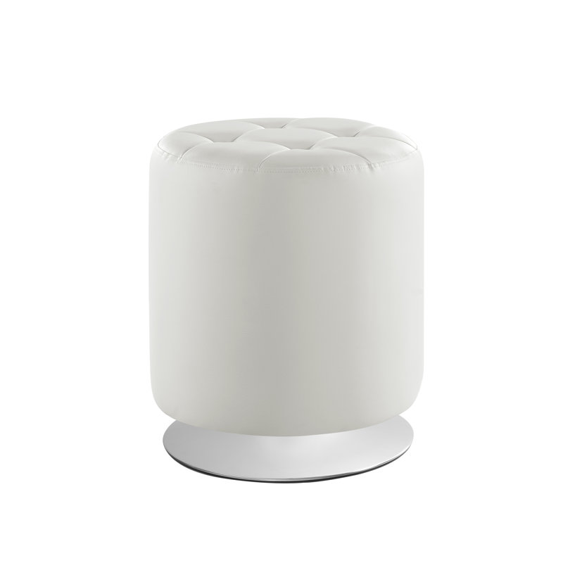Danetta 16.5" Wide Tufted Round Footstool Ottoman, White Faux Leather