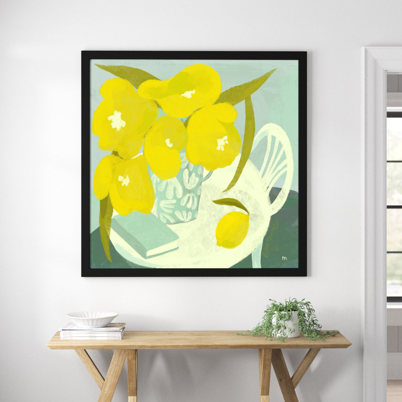 Chataignier Yellow Flowers and Lemon - Painting on Paper, H 44 po x l 44 po x P 1,25 po, Cadre noir