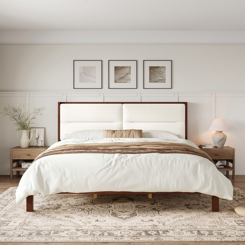 Solid Wood Queen Size Platform Bed Frame With Beige Velvet Upholstered Headboard, King, Espresso