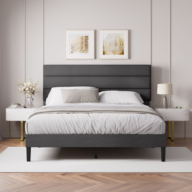 Bellay Upholstered Bed Frame with Channel Tufted Headboard, Grey, Double (4'6)