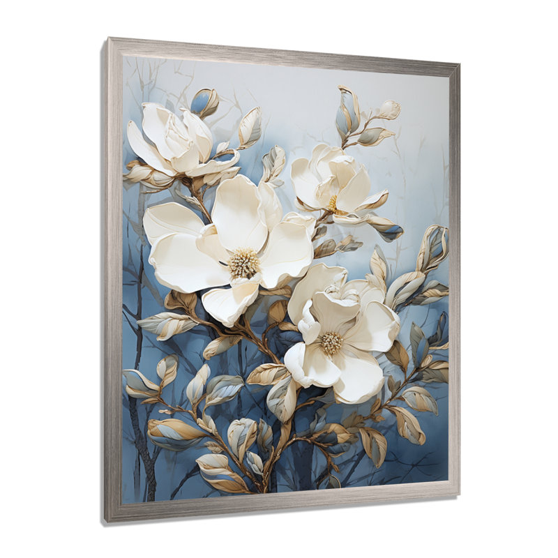 Art mural bleu et blanc peint Magnolias, Cadre simple argenté, H 32 po x l 24 po x P 1 po