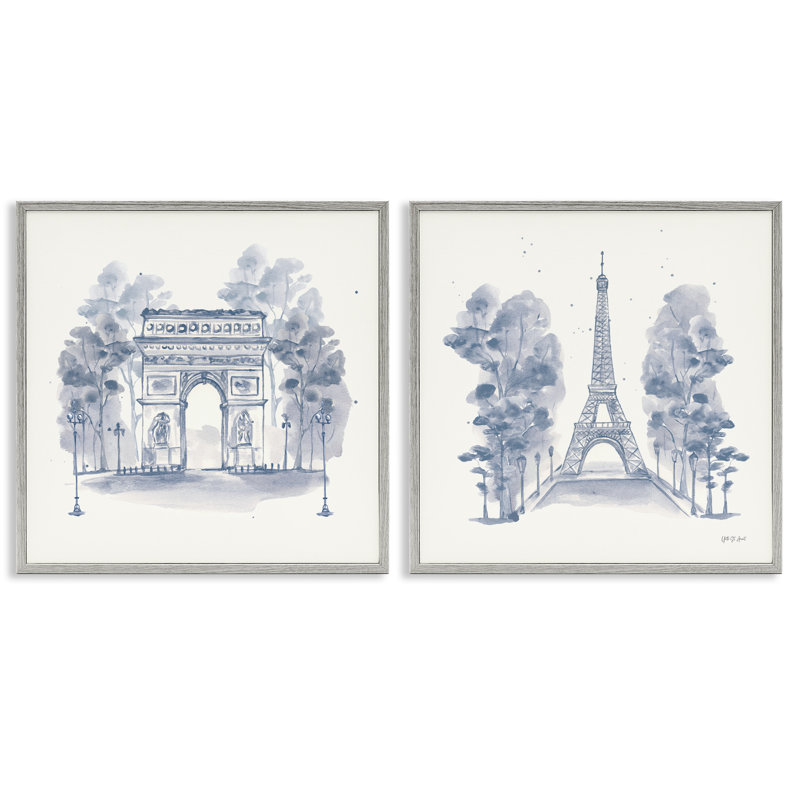 Ensemble de 2 estampes françaises sur fond bleu par yvette St. Amant, H 17 po x l 17 po, Estampe numérique Farmhouse