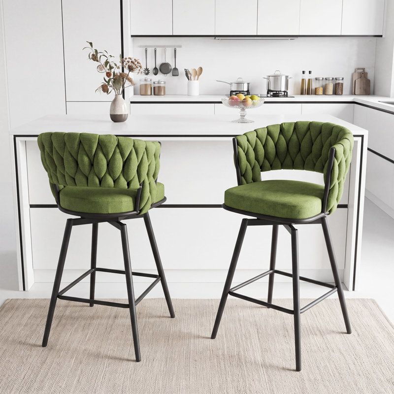 26" Linen Woven Swivel Bar Stools With Back And Footrest,set Of 2 Upholstered Bar Chair Counter Stool Arm Chairs, Green
