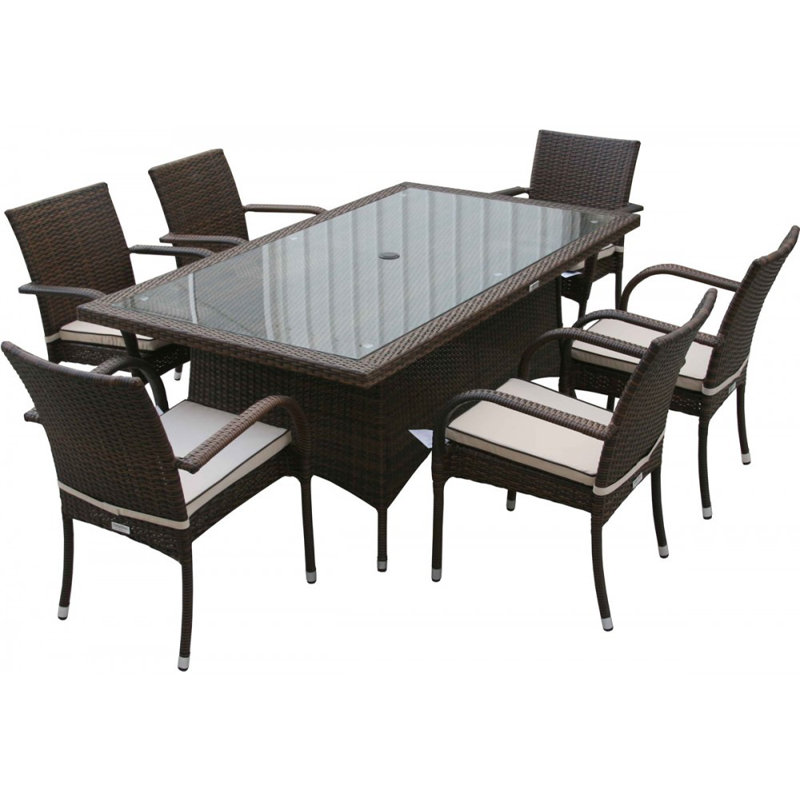 Kiska 6 - Person Patio Dining Set with Rectangular Table , Cushions Included, Chocolate/Cream