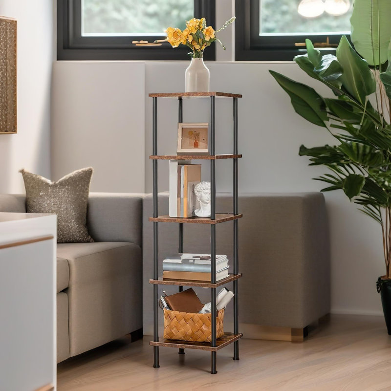 Aniwa 5 Tier Wooden Corner Bookcase Tall Bookshelf Storage Shelves Rustic Industrial Living Room