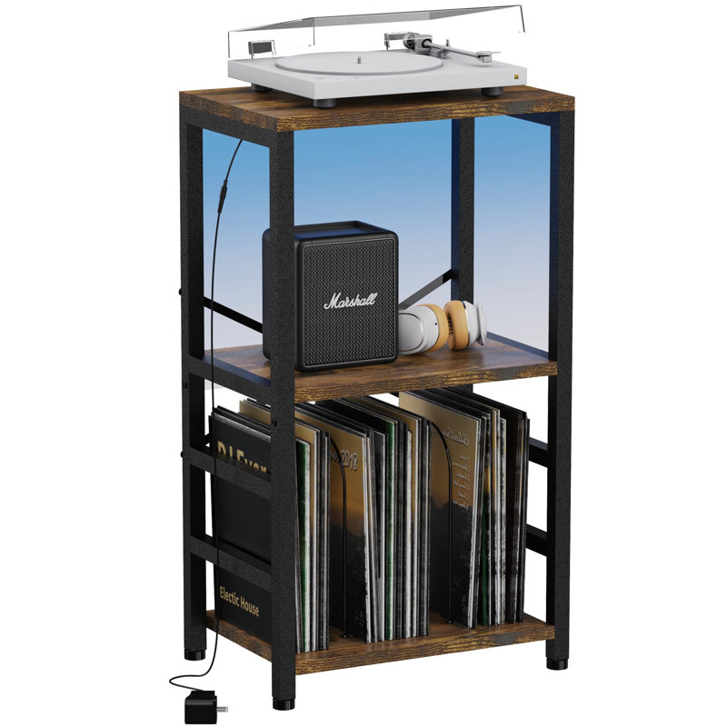 Record Player Stand with LED Light, Brown