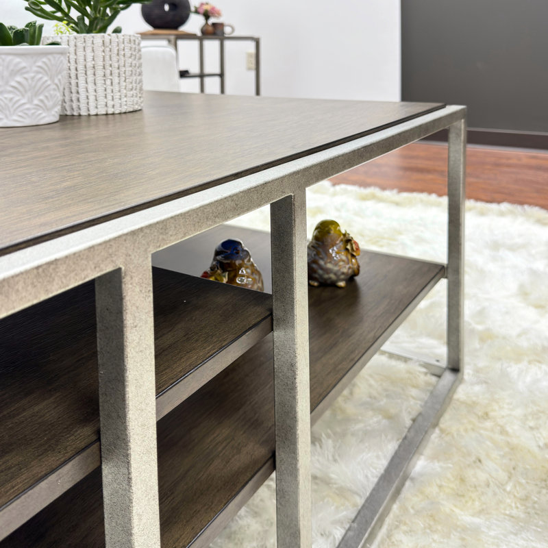 Ensemble de tables de salon avec pièces en métal et en bois: 2 tables basses, brun, rectangulaire, ensemble de tablettes fixes: 1 et structure, placage de peuplier massif, finition brune