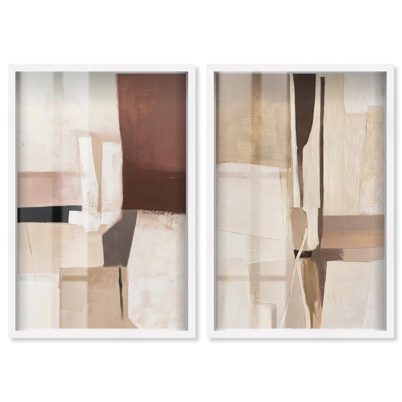 «Plaster Collage Boho Art», ensemble de 2 panneaux par Shadowbox , H 46 po x l 31 po, Blanc