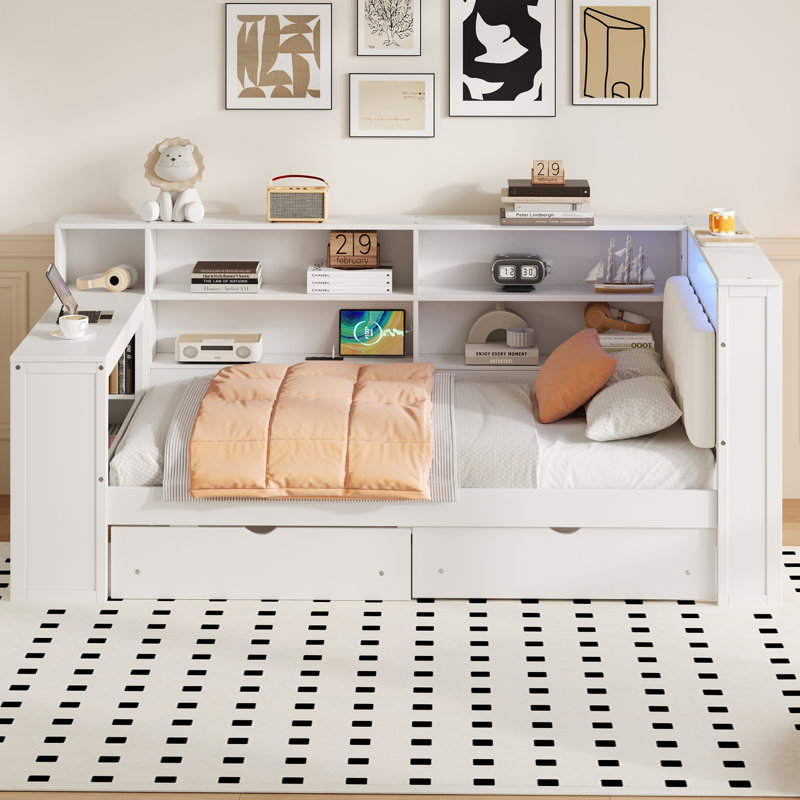 Platform Bed with Storage Shelves, Twin, White
