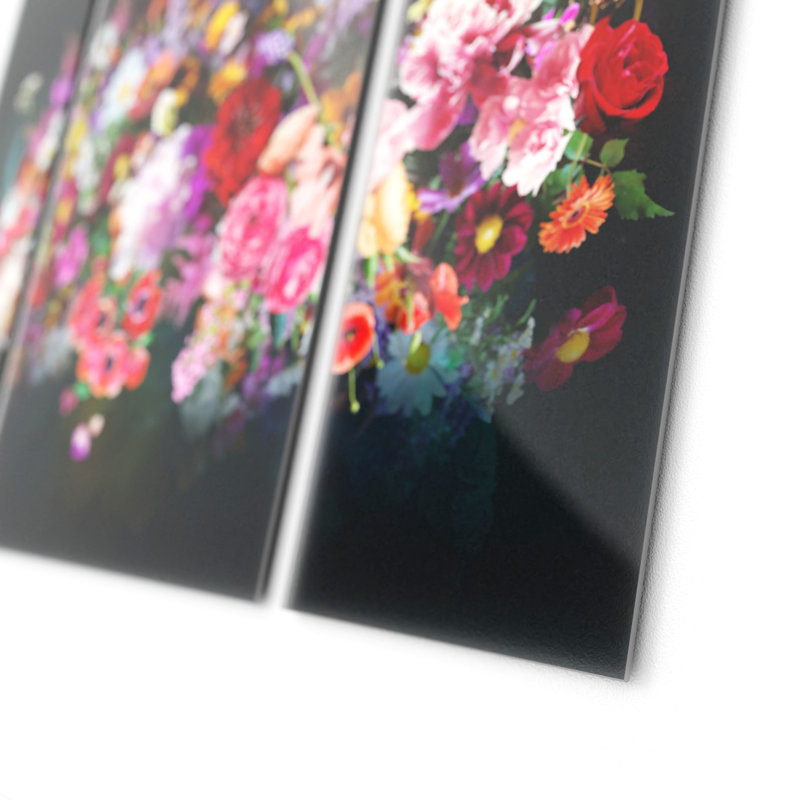 Bouquet Of Flowers Photographic Art Print On Glass - 3 Piece No Frame Print on Glass