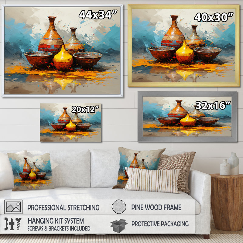 Jaune Boho Pottery Design - Boho Pottery, art mural, Cadre flottant doré, H 16 po x l 32 po x P 1 po