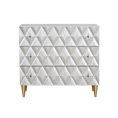 Armoire console métallique argentée et champagne avec quincaillerie dorée et 3 tiroirs à extension complète