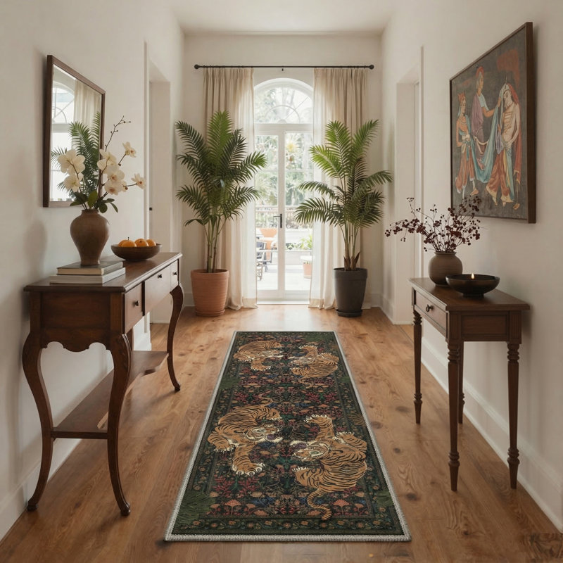 Teiarra Tigris Animal Print Machine Washable Clashing Tigers / Obsidian Moss Indoor Area Rug With Non-Slip Backing