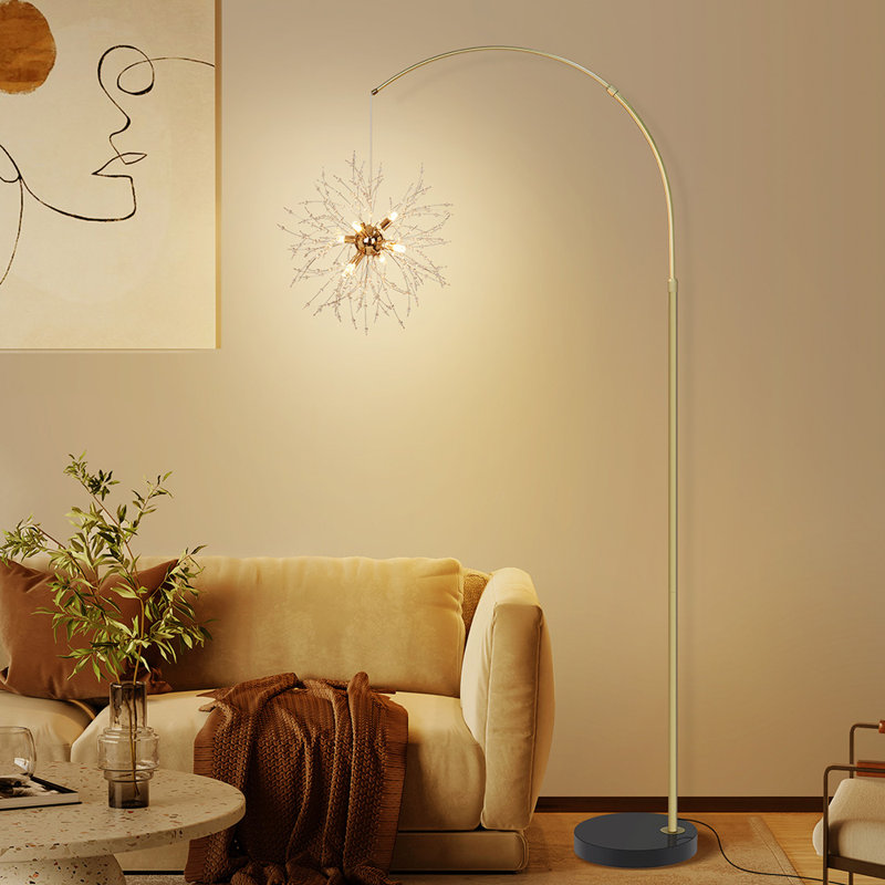Crystal Arched Floor Lamp Modern Tall Standing Lamp with 6 LED Bulbs Adjustable Tall Lamp Pole Light Mid-Century Couch Arched Gold Floor Lighting for Living Room Bedroom Office