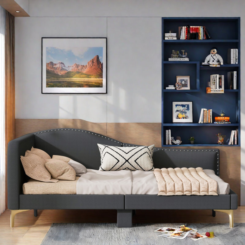 Upholstered Daybed With Headboard And Armrest, Gray, Full/Double